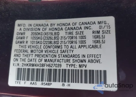 2015 Honda Cr-V Lx z USA, uszkodzony, nr VIN 2HKRM4H38FH627039